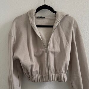 Zara Beige Zip-Up Cropped Hoodie